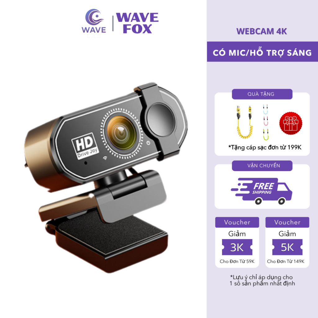 Webcam Livestream 4K Full HD Cho Máy Tính PC Laptop, Webcam Có Mic, Xoay 360°, Hình Ảnh Nét