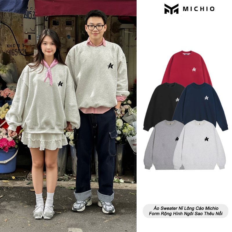 Áo Sweater Nỉ Lông Cáo Dày Michio Form Rộng Hình Ngôi Sao In Nổi Nam Nữ
