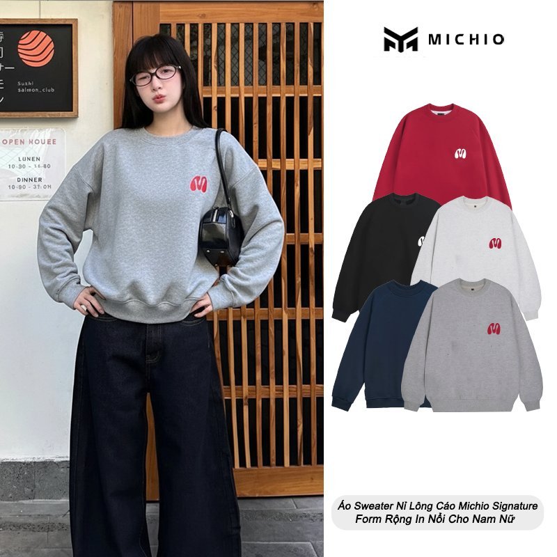 Áo Sweater Nỉ Lông Cáo Michio Signature Form Rộng In Nổi Cho Nam Nữ