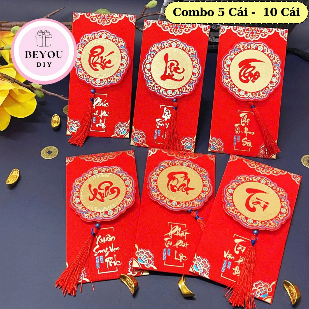 Combo 5, 10 Bao Lì Xì Tết 4D Kim Tuyến In Nổi Kèm Dây Tua Rua, Phong Bao Lì Xì Đỏ Cao Cấp- BEYOU pcs