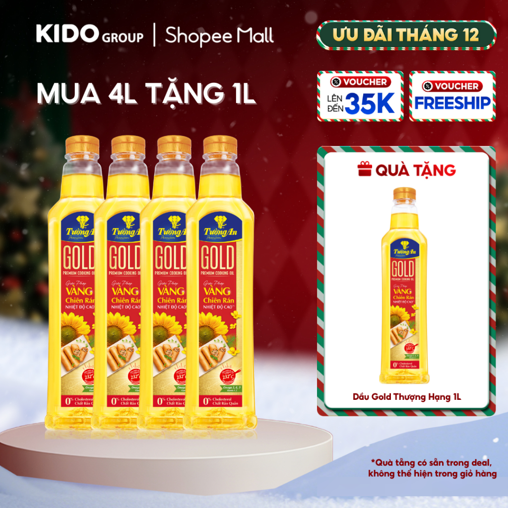   26.12 QUÀ THÊM ĐƠN TỪ 300K   TẶNG 1 CHAI 1L  Combo 4 Chai Dầu Ăn Thượng Hạng Tường An Gold 1L 
