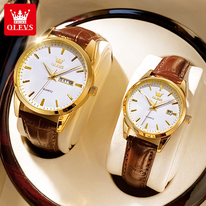 OLEVS Đồng hồ cặp đôi chính hãng mặt số dây da thời trang chống thấm nước dạ lịch Quà tặng 6898