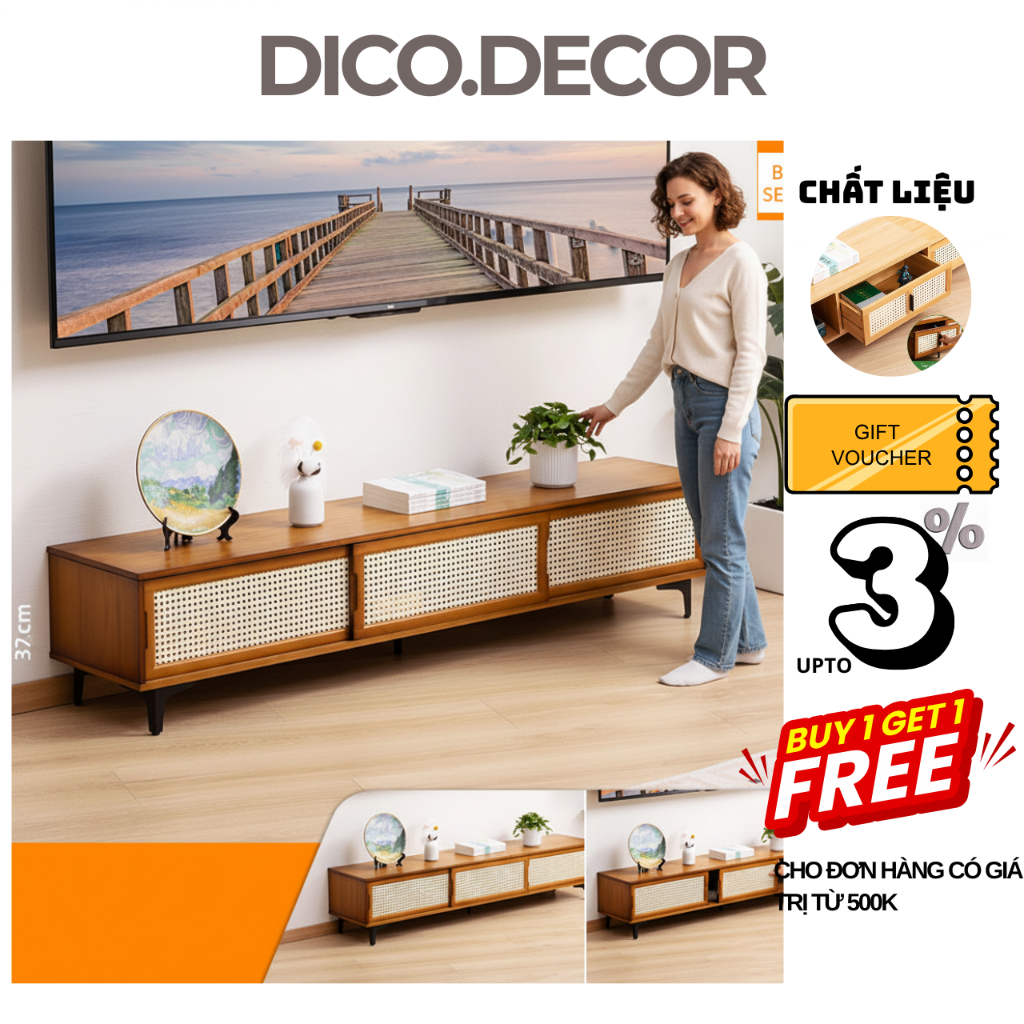 Kệ Tivi Gỗ Tre Cửa Lùa DICO HOME, phong cách vintage