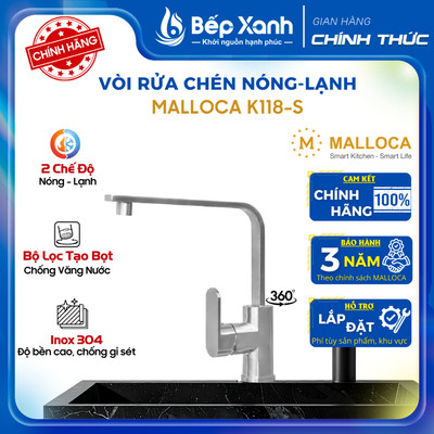 Vòi rửa chén Malloca K118-S - 2 nguồn nóng lạnh - Chất liệu inox 304 - Hàng Chính Hãng