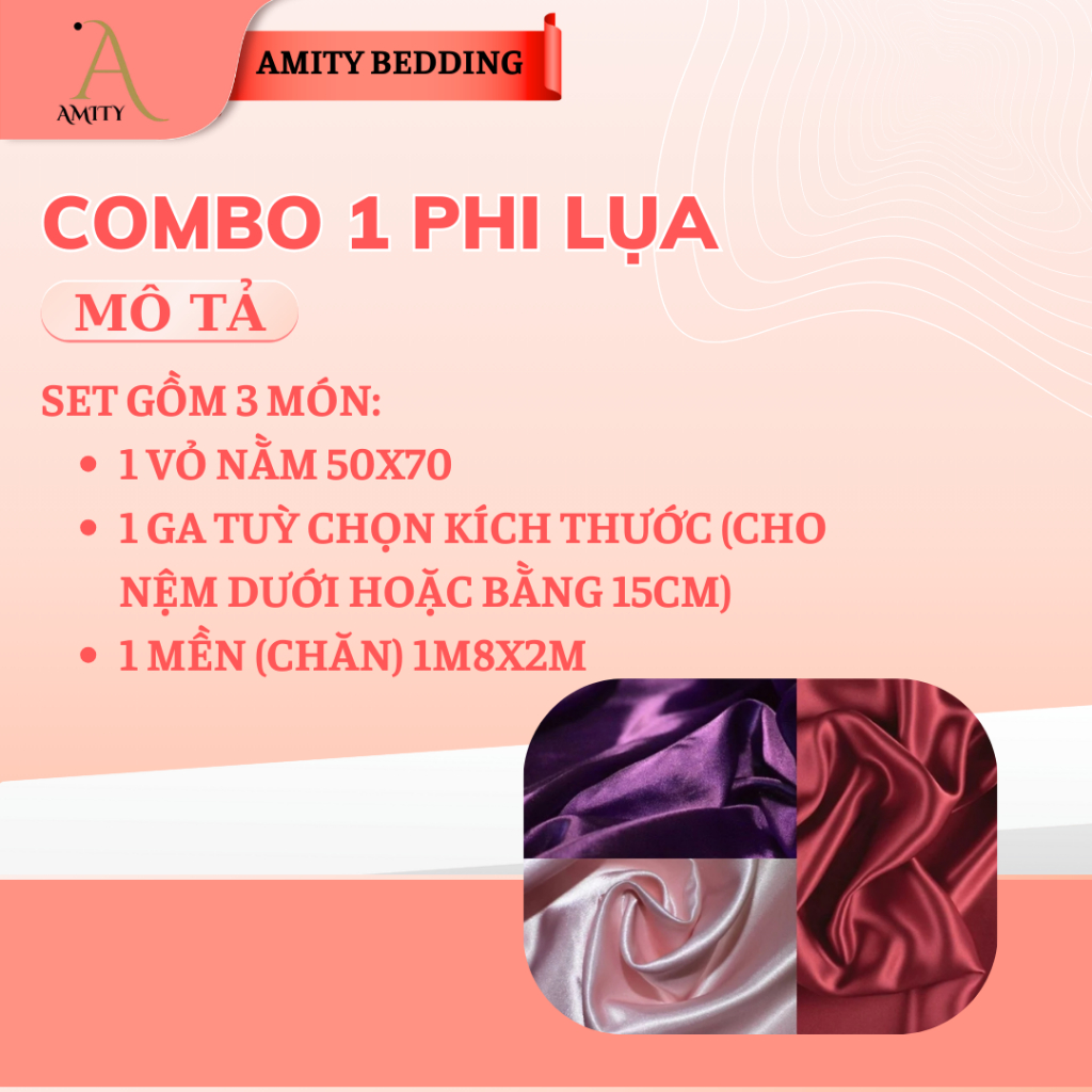 Bộ Combo Phi lụa 1: 1 vỏ nằm, 1 ga, 1 mền (chăn)  Amity Bedding