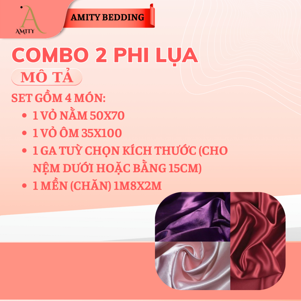 COMBO phi lụa 2: 1 vỏ gối nằm, 1 vỏ ôm, 1 ga, 1 mền (chăn)  Amity Bedding