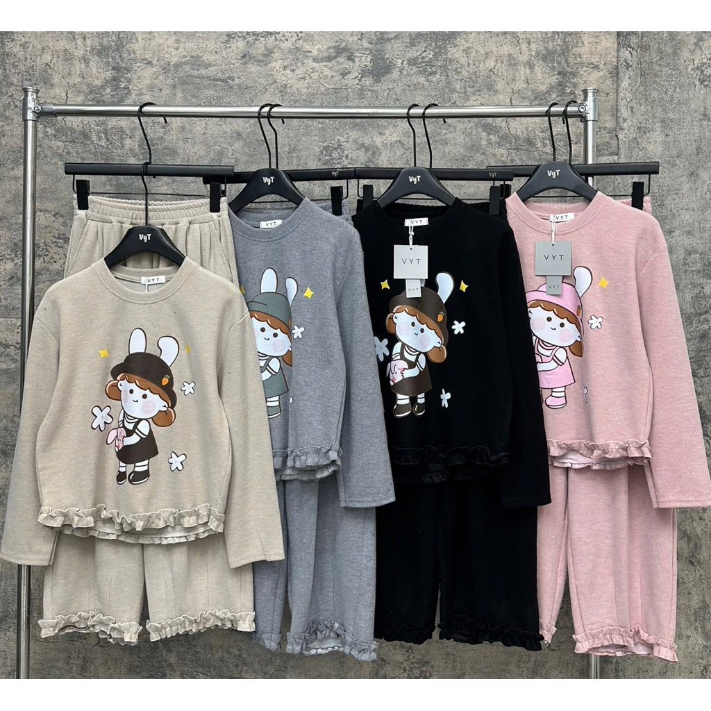 Set Bộ Nữ , Set Bộ Vải Tăm Lông Thỏ Hình Cô Gái Dễ Thương