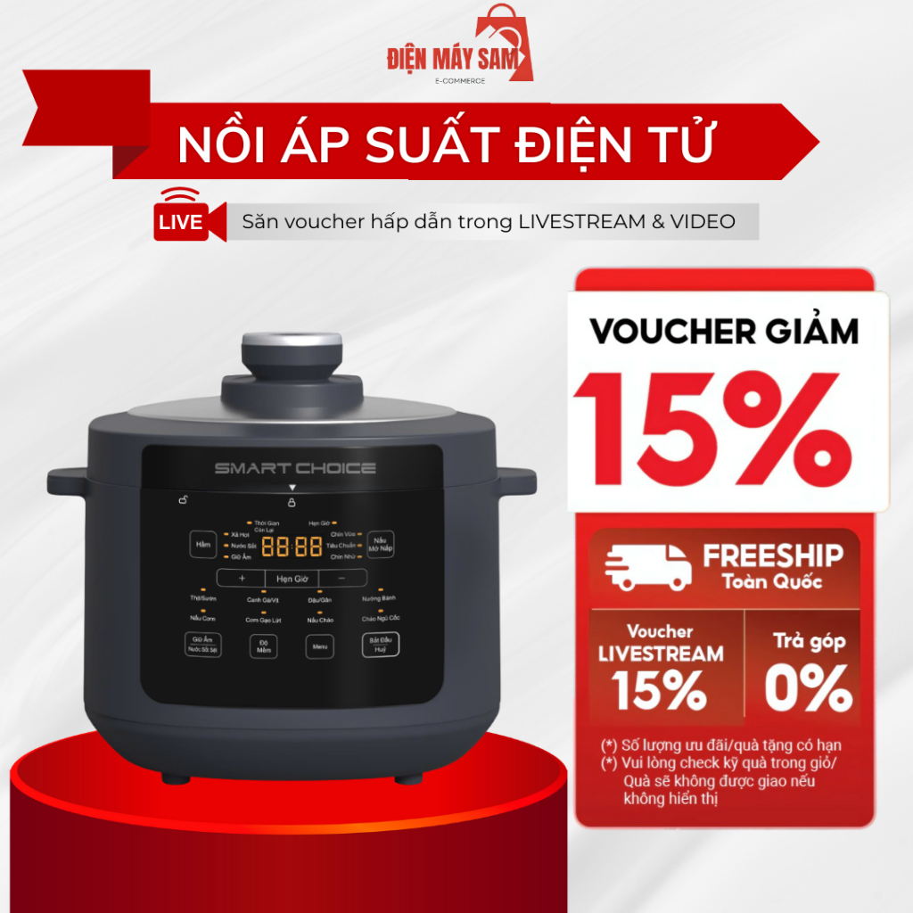Nồi áp suất điện tử SmartChoice APS004 dung tích 5L công suất 900W 10 chế độ nấu đa năng tiện lợi