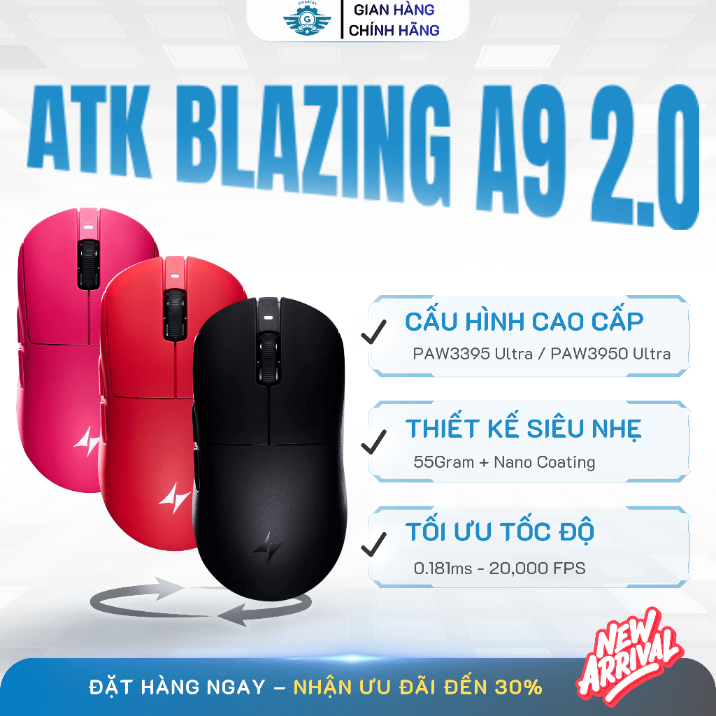 ⚡[Hot New] Chuột Gaming Không Dây ATK A9 Ultimate/UltraMax 2.0 -PAW3950 Ultra, NORDIC 54L15, 8KHz