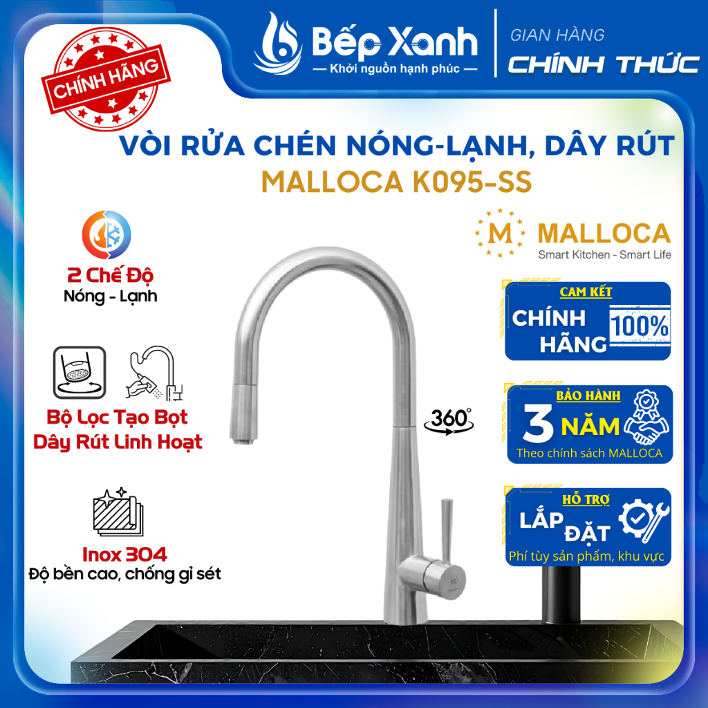 Vòi rửa chén Nóng Lạnh Malloca K095-SS - Có Dây Rút - Inox 304 - Bảo Hành 3 Năm