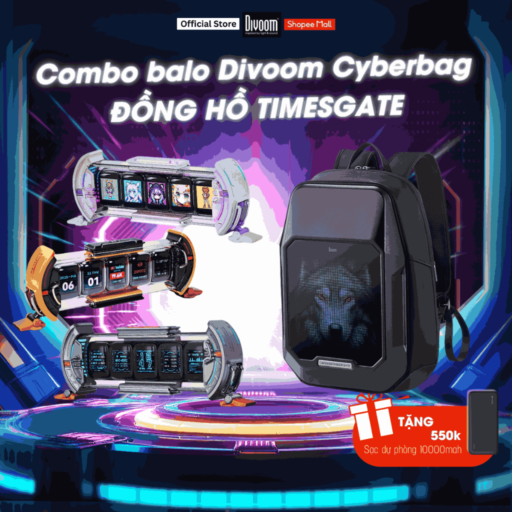 Combo Balo Divoom và đồng hồ thông minh Times Gate hiển thị màn hình Pixel art - Chính hãng