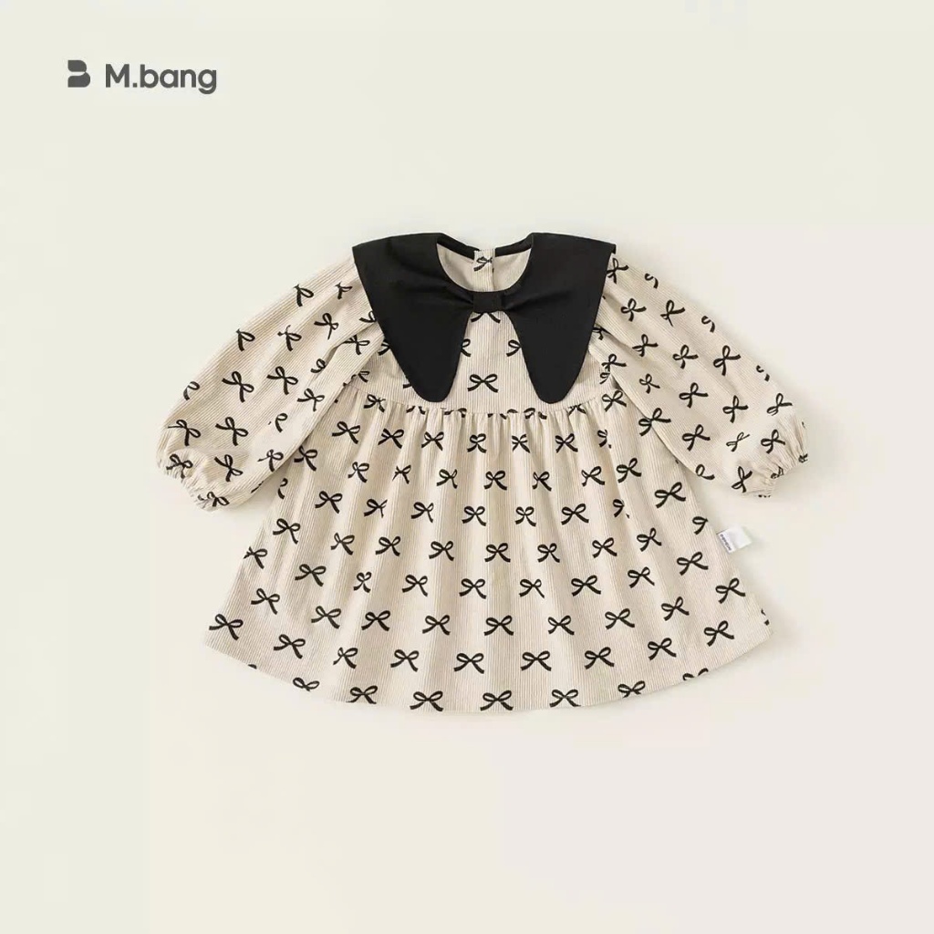 Váy nỉ bé gái dài tay Mbang in hình nơ xinh xắn. Váy nỉ bé gái Mbang hàng thiết kế.