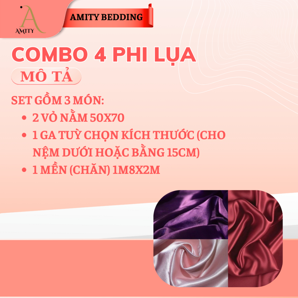COMBO phi lụa 4: 2 vỏ gối nằm, ga, 1 mền (chăn)  Amity Bedding