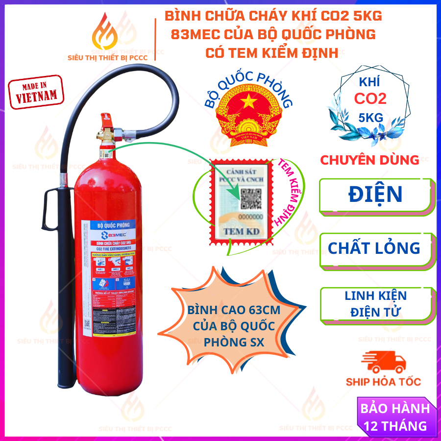 {có kiểm định}Bình chữa cháy khí C02 5kg MT5 83MEC của BỘ QUỐC PHÒNG có tem kiểm định