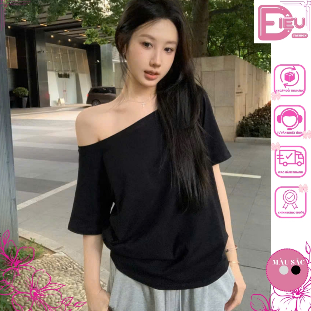 Áo Thun Nữ Lệch Vai Dáng Rộng Cộc Tay Nhiều Màu Basic Trendy - DIEU.FASHION A148