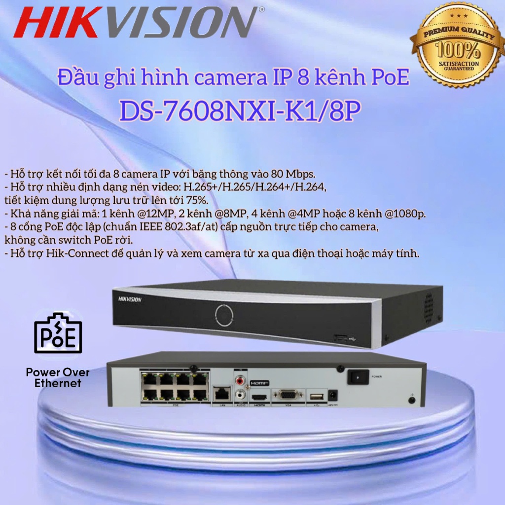 Đầu ghi hình camera IP 8 kênh POE  HIKVISION DS-7608NXI-K1/8P, Chua bao gồm ổ cứng.