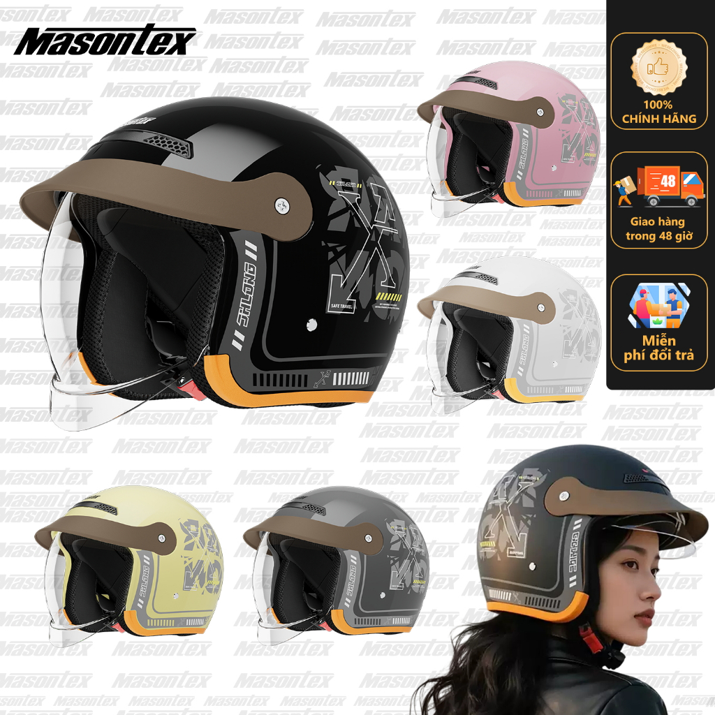Mũ Retro Masontex 702 Kính Gập Trong Suốt Mũ Nửa Đầu Đi Phượt Nam Nữ
