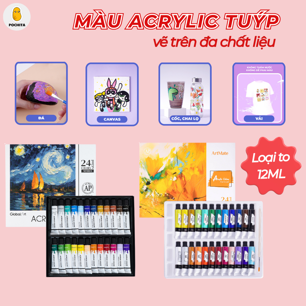 Màu Nước Acrylic Dạng Tuýp 12ML Global Art Vẽ Trên Nhiều Chất Liệu, Màu Tươi Sáng, Chống Nước, Chồng
