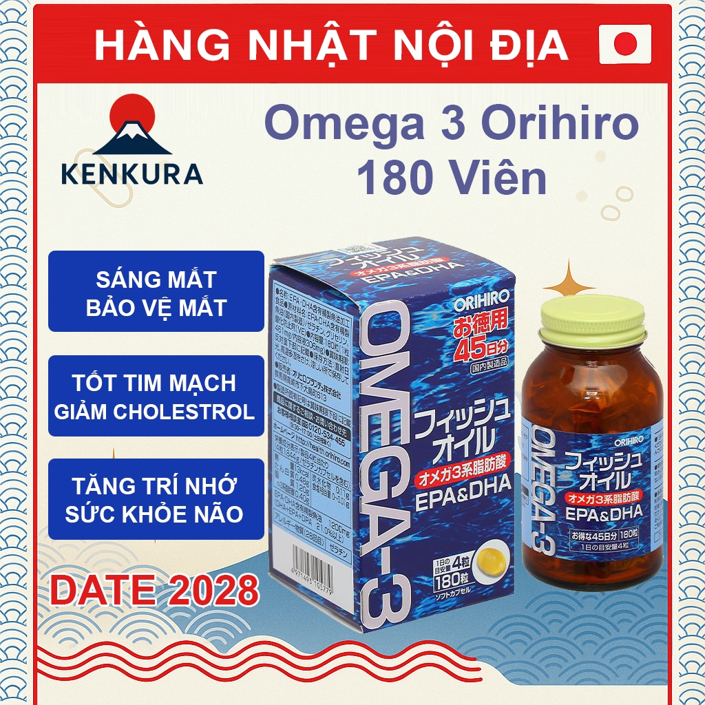 Dầu Cá Omega 3 Nhật Bản Orihiro, Omega 3 Fish Oil Cho Bé Giúp Sáng Mắt, Thông Minh - 180 Viên