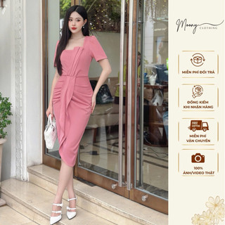 Đầm Nữ Thiết Kế Tay Bồng Cổ U Nhún Bụng Xẻ Tà. Váy Body Công Sở Dự Tiệc Chất Liệu Umi Size 40-65Kg