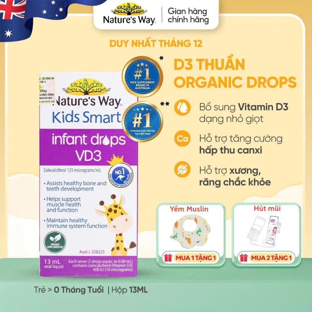 Vitamin D3 ORGANIC Nature’s Way, D3 Thuần Cho Trẻ Sơ Sinh Kids Smart Infant Drops VD3 - Hộp 13ml