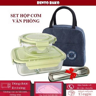  Bộ Hộp Cơm Văn Phòng Thủy Tinh 3 Ngăn 1000ml + Hộp Canh Tròn 400Ml + Túi Dùng Được Trong Lò Vi Sóng 