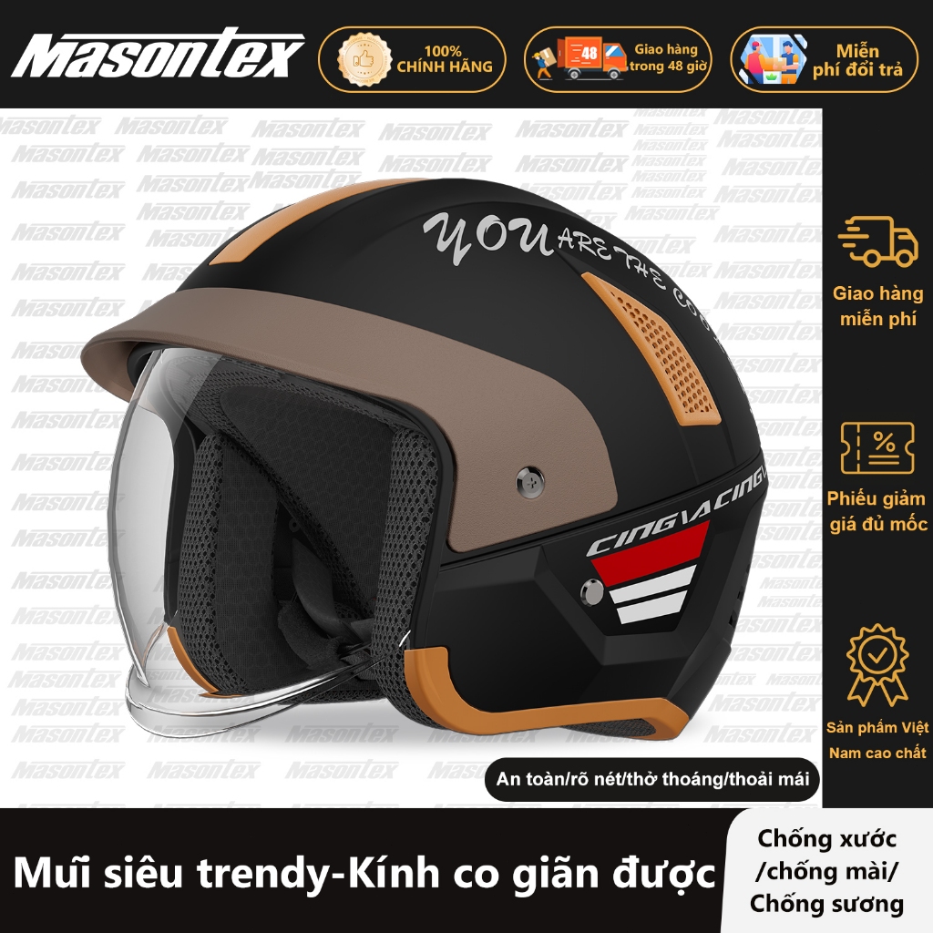 Mũ bảo hiểm 3/4 Masontex chính hãng 706 có kính chắn gió, hợp cho nam nữ, tháo lót vệ sinh tiện lợi,