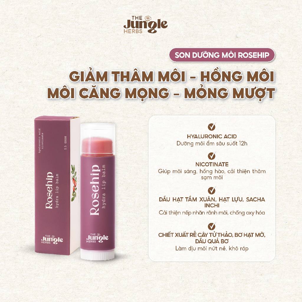 Son dưỡng giảm thâm môi, hồng môi, ẩm mượt nhẹ môi Rosehip Hydra [Phiên bản mới] - THE JUNGLE HERBS