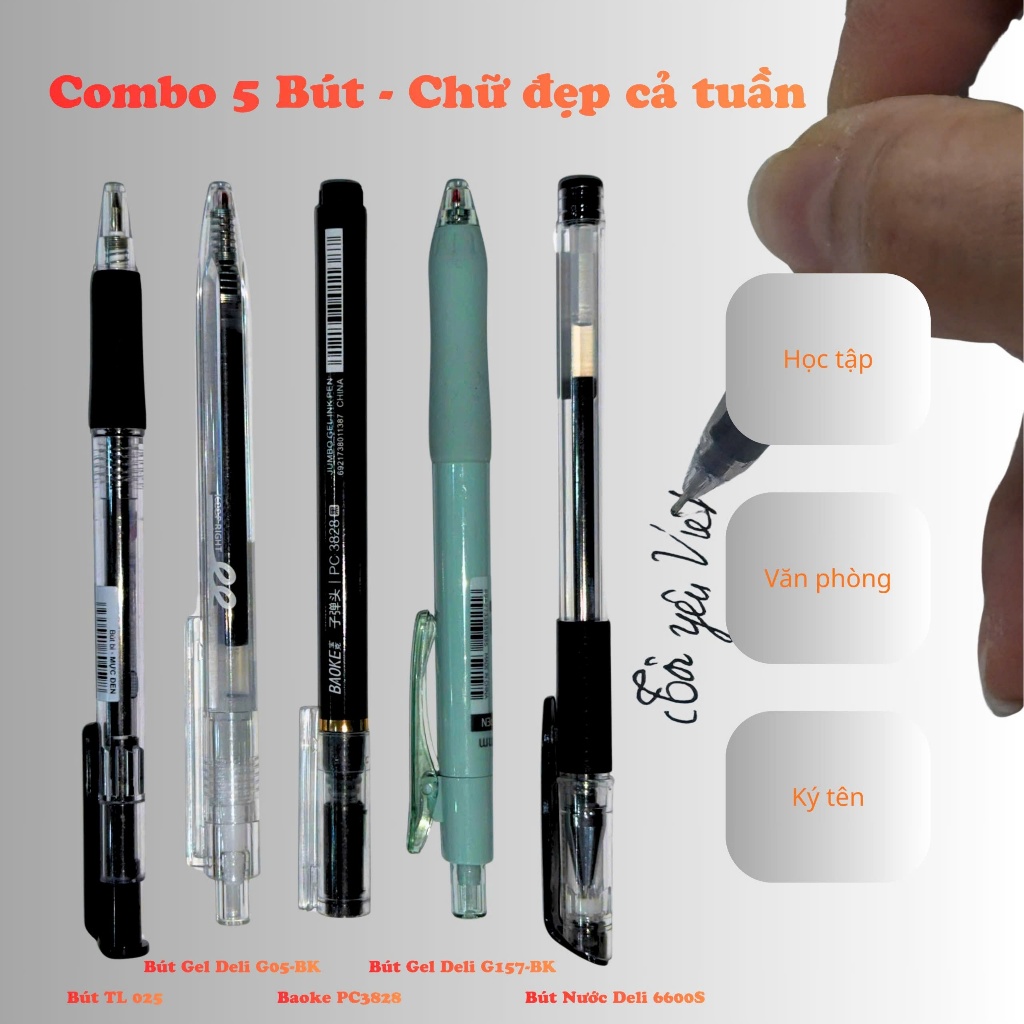 Combo 5 bút - TL025 đen, Baoke PC3828, Gel Deli G157-BK, Gel Deli G05-BK, Nước Deli 6600S đen - Viết