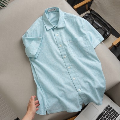 Áo sơ mi xanh ngọc nhạt tay ngắn vạt ngang, vải linen mềm mịn thoáng mát, form regular - Bravery