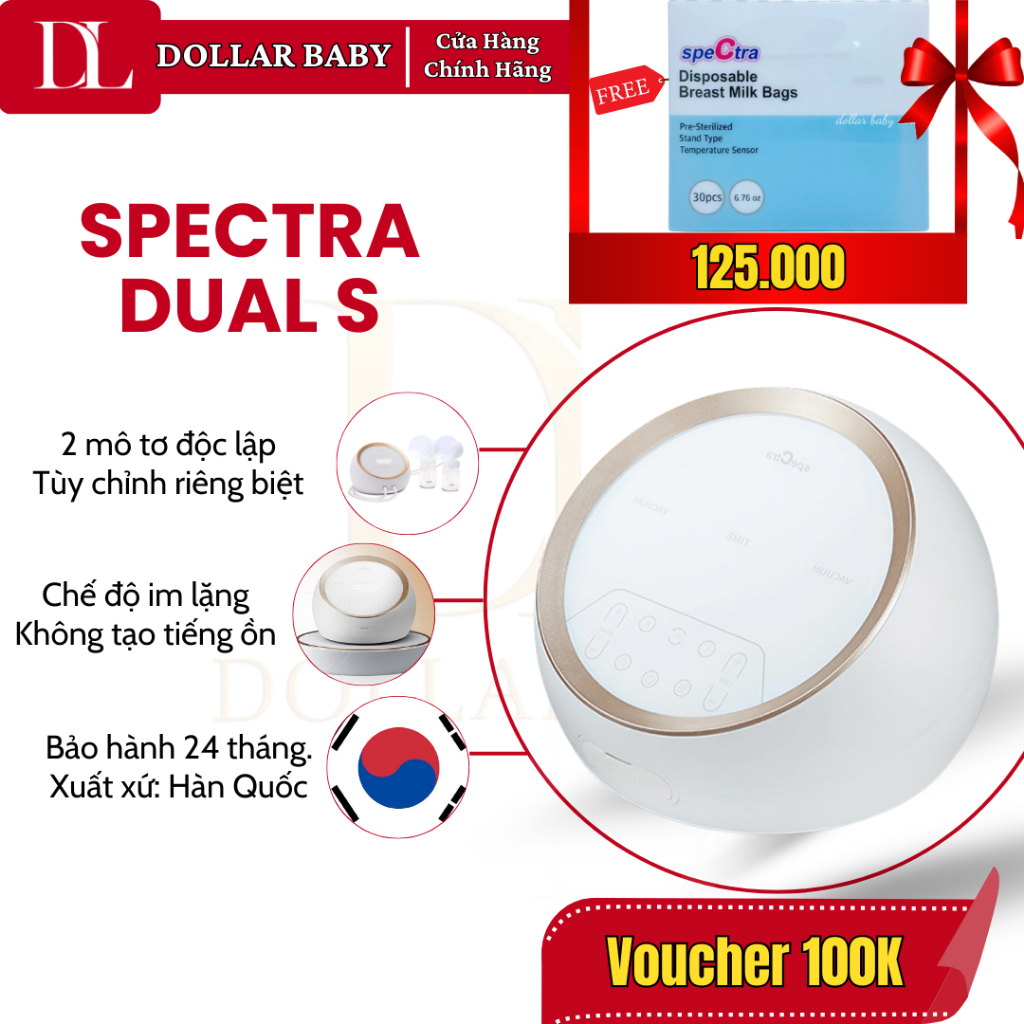 Máy hút sữa điện đôi kép Spectra Dual S - Hút 2 bên độc lập, 15 cấp độ, 5 cycle - Chính Hãng