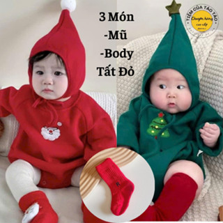   Sẵn Ship - Tặng Tất Đỏ   Set bodysuit Noel Kèm Mũ hàng  thu đông cho bé trai bé gái đón noel cho béchụpảnh 