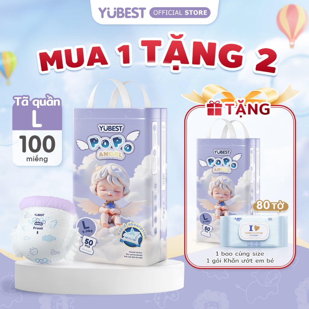 【Mua 1 Tặng 2】Yubest Khung eo bong bóng Tã/bỉm dán sơ sinh Tã quần L100 miếng pH<7 an toàn cho da bé