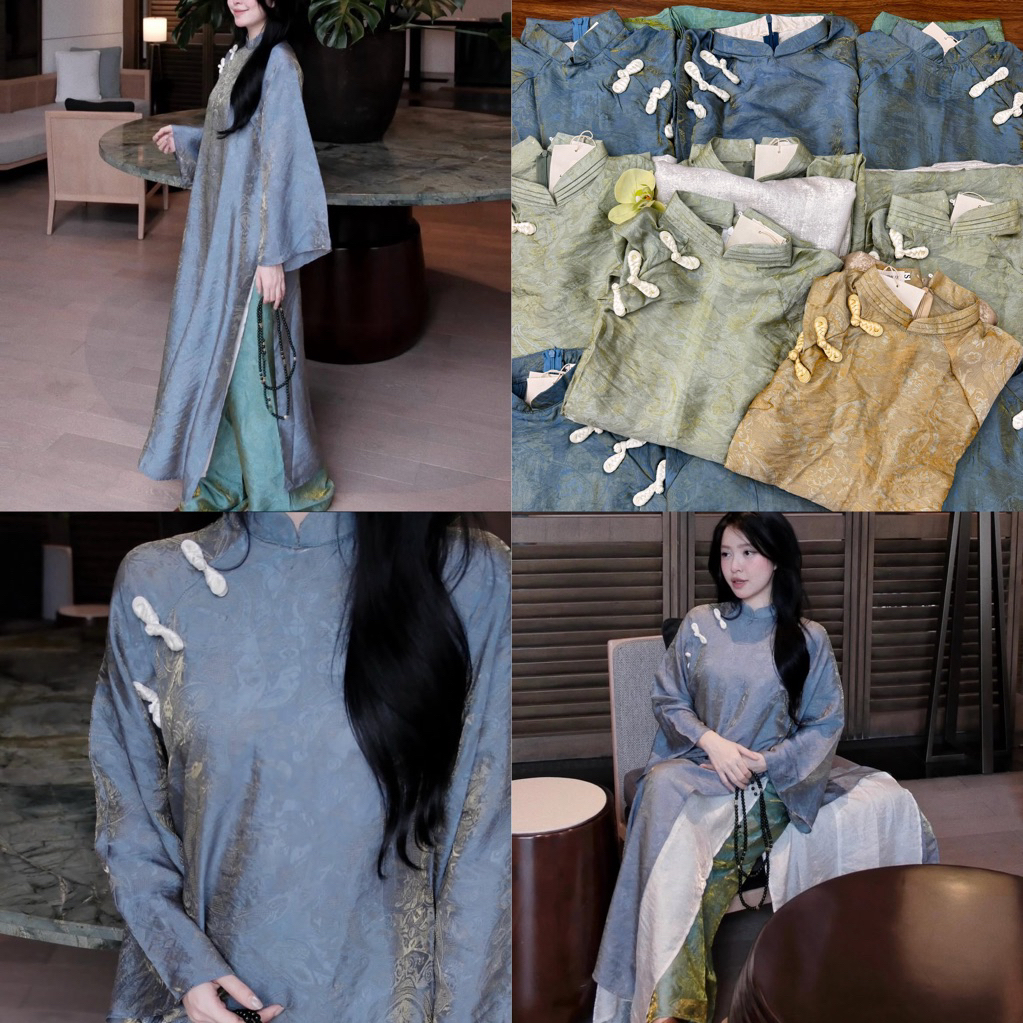 ( SẴN CAO CAP  ) sét ao dai 4 tà đũi cổ tàu   sml ( màu kem Tone be dễ chịu, đi du lịch biển hay caf