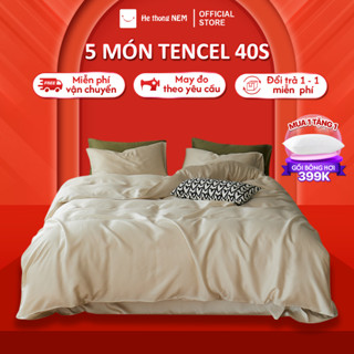  Bộ Chăn Ga Gối 5 Món Lụa Tencel Cotton Trơn HỆ THỐNG NỆM - Vỏ Chăn Ga Gối Đệm Trải Giường Mùa Thu Mềm Mịn Cao Cấp 