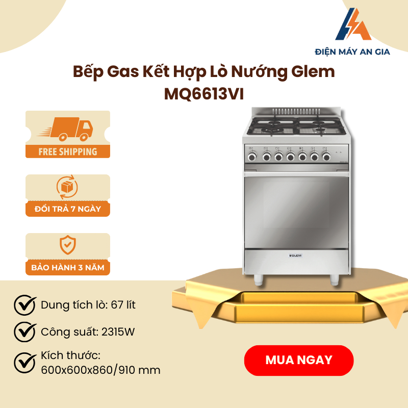 Bếp Gas Kết Hợp Lò Nướng Glem MQ6613VI – Núm Đánh Lửa Điện – Van Ngắt An Toàn – PEB