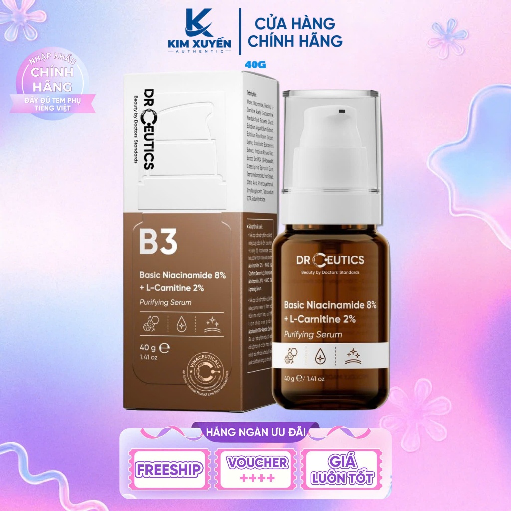 [B3 8% NEW] Serum Dr Ceutics B3 Basic Niacinamide 8% + L-Carnitine 2% Purifying Serum 40G