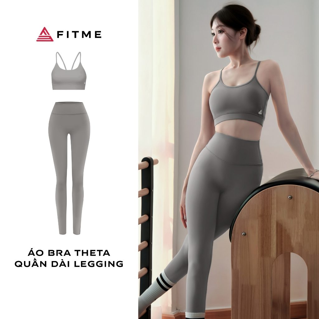 Bộ đồ tập gym, pilates, yoga nữ Fitme áo bra, quần legging dài Dark Grey tôn dáng