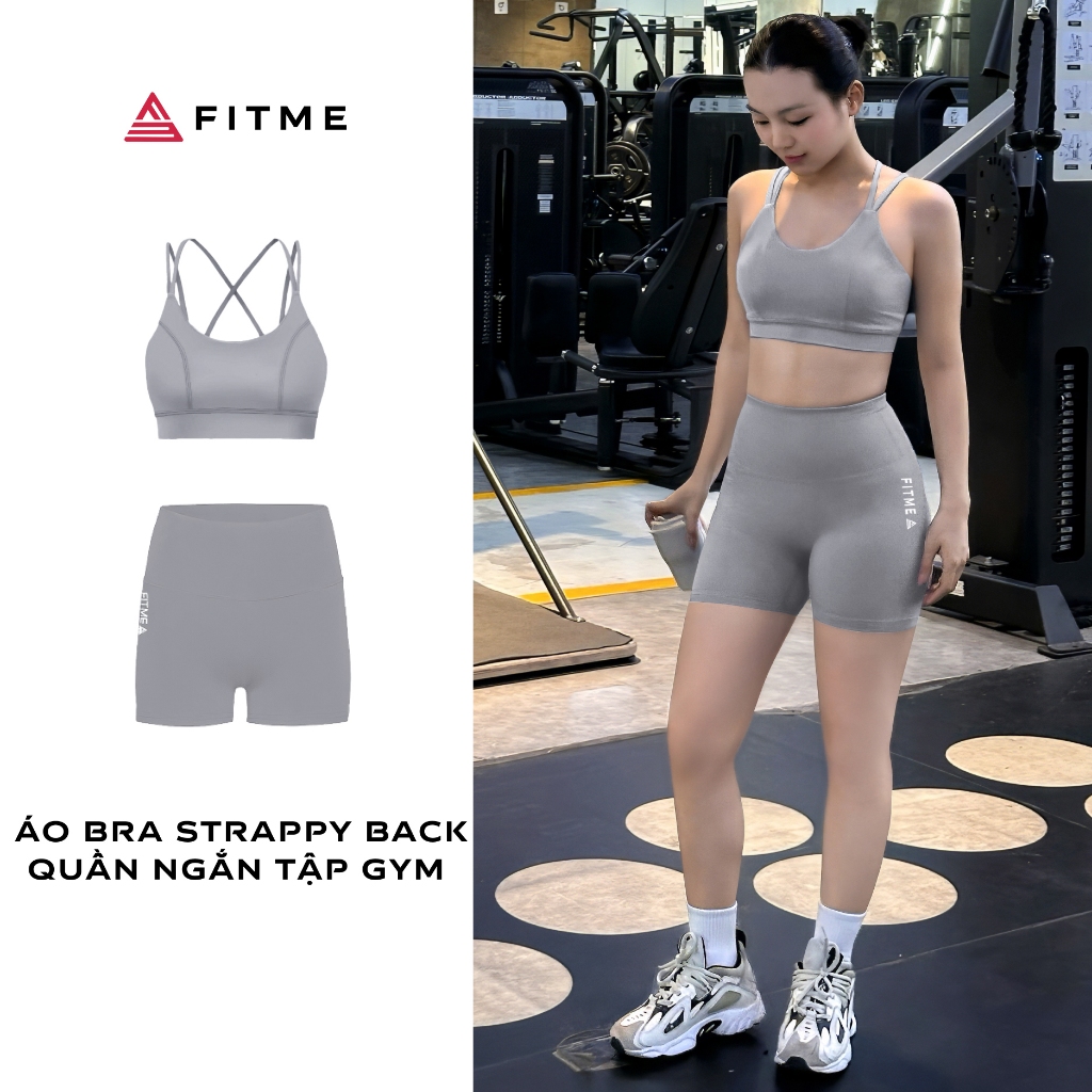 Bộ đồ tập gym, pilates, yoga nữ Fitme áo bra Strappy back, quần đùi Rhino Grey tôn dáng