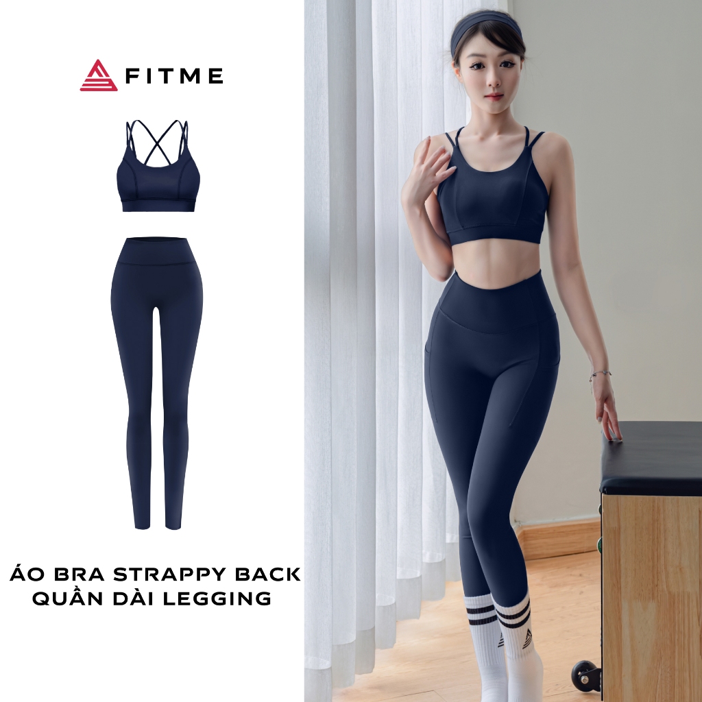 Bộ đồ tập gym, pilates, yoga nữ Fitme áo bra, quần legging dài Blazer Navy tôn dáng