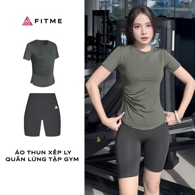 Bộ đồ tập gym, yoga nữ Fitme áo thun xếp ly, quần legging biker tôn dáng thoáng khí thấm hút mồ hôi