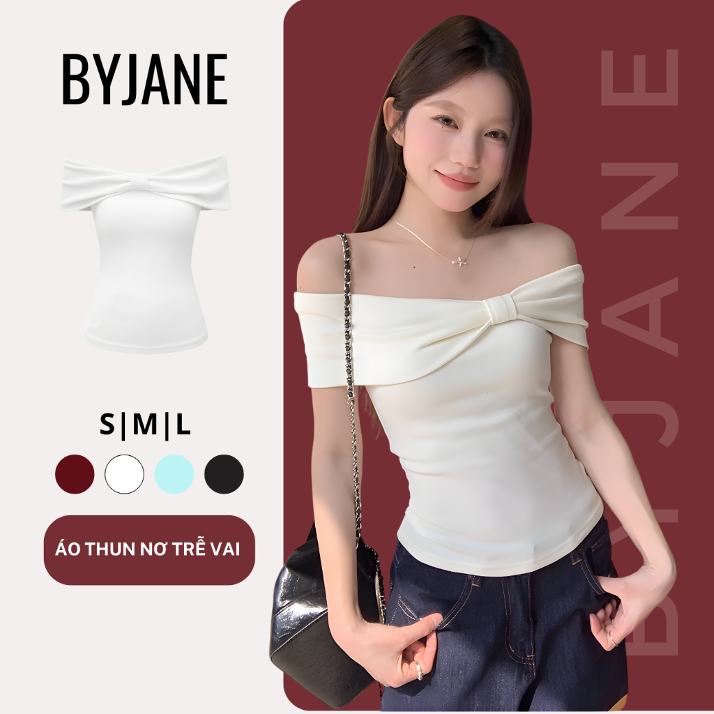 (DEAL MỞ BÁN) Áo thun nơ trễ vai ngắn tay co dãn 4 chiều BYJANE-611