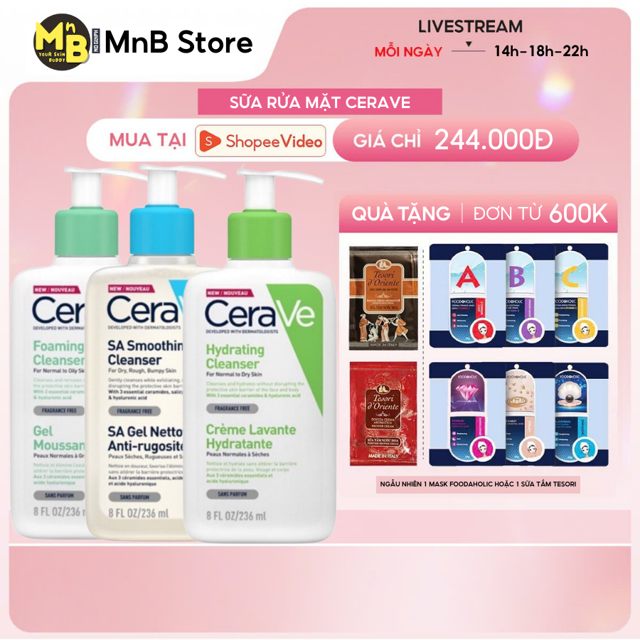 Sữa rửa mặt Cerave Foaming Facial Cleanser, Cerave SA, Cerave Hydrating cho da dầu mụn nhạy cảm 473m