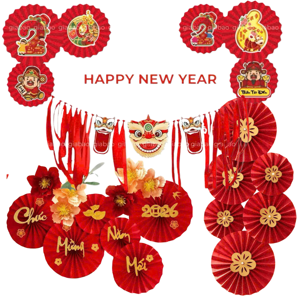 Combo Trang Trí Tết 2026 Bính Ngọ – Set Quạt Giấy Đỏ Decor Dán Cửa Kính, Nhà Hàng, Quán Cafe, Nhà Cử