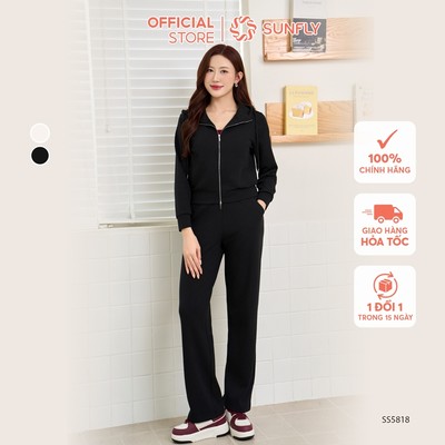 Bộ thể thao nữ poly cotton 2da áo dài kéo khóa có mũ quần dài SUNFLY SS5818