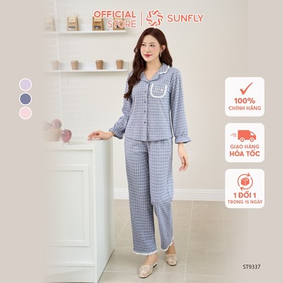 Bộ pijama nữ nỉ caro áo dài quần dài ấm áp SUNFLY ST9337