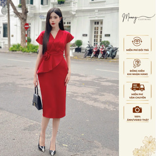  Đầm Tay Hến Cổ Vest Hoa Eo Dáng Bút Chì. Váy Body Dài Công Sở Dự Tiệc Chất Liệu Mango Size 40-65Kg 