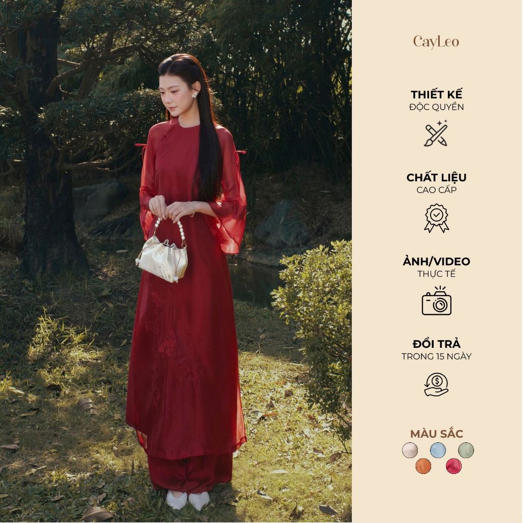 Áo dài cách tân nữ tết Hồng Hy tơ óng cổ tròn dáng suông kèm quần duyên dáng CayLeo Design - AD832