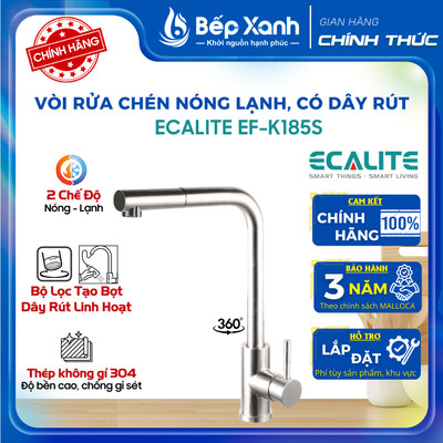 Vòi Rửa Chén Nóng Lạnh Dây Rút Pull-down Ecalite EF-K185S/ B - Màu Inox/ Đen - Bảo Hành 3 Năm