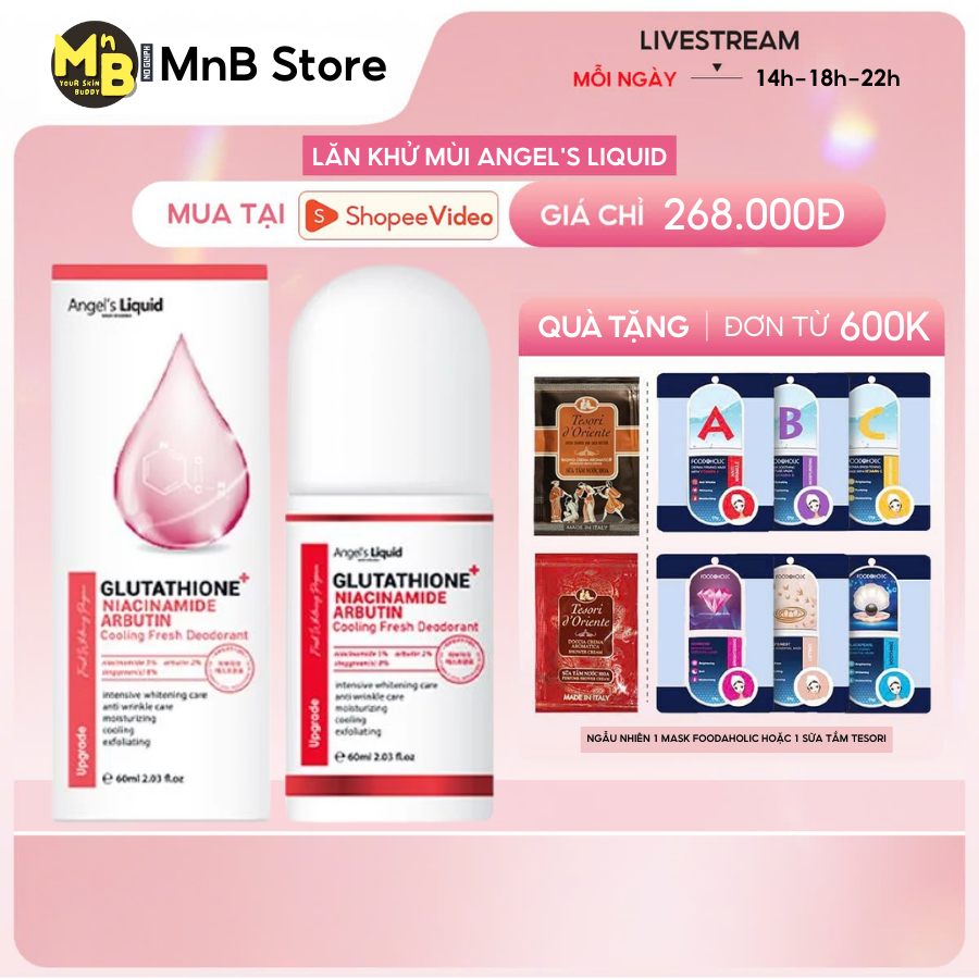 Lăn Nách Angel's Liquid Glutathione+Niacinamide Arbutin Cooling Fresh Deodorant Hỗ Trợ Khử Mùi, Giảm Thâm Và Dưỡng Trắng